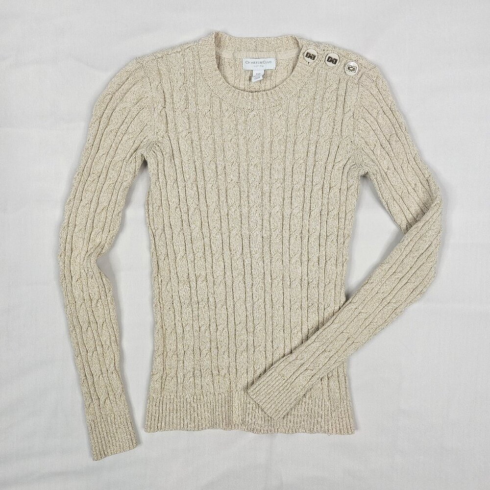 Charter Club | Cable Knit Sweater | Gold Thread | Ivory Oatmeal | Petite P/P